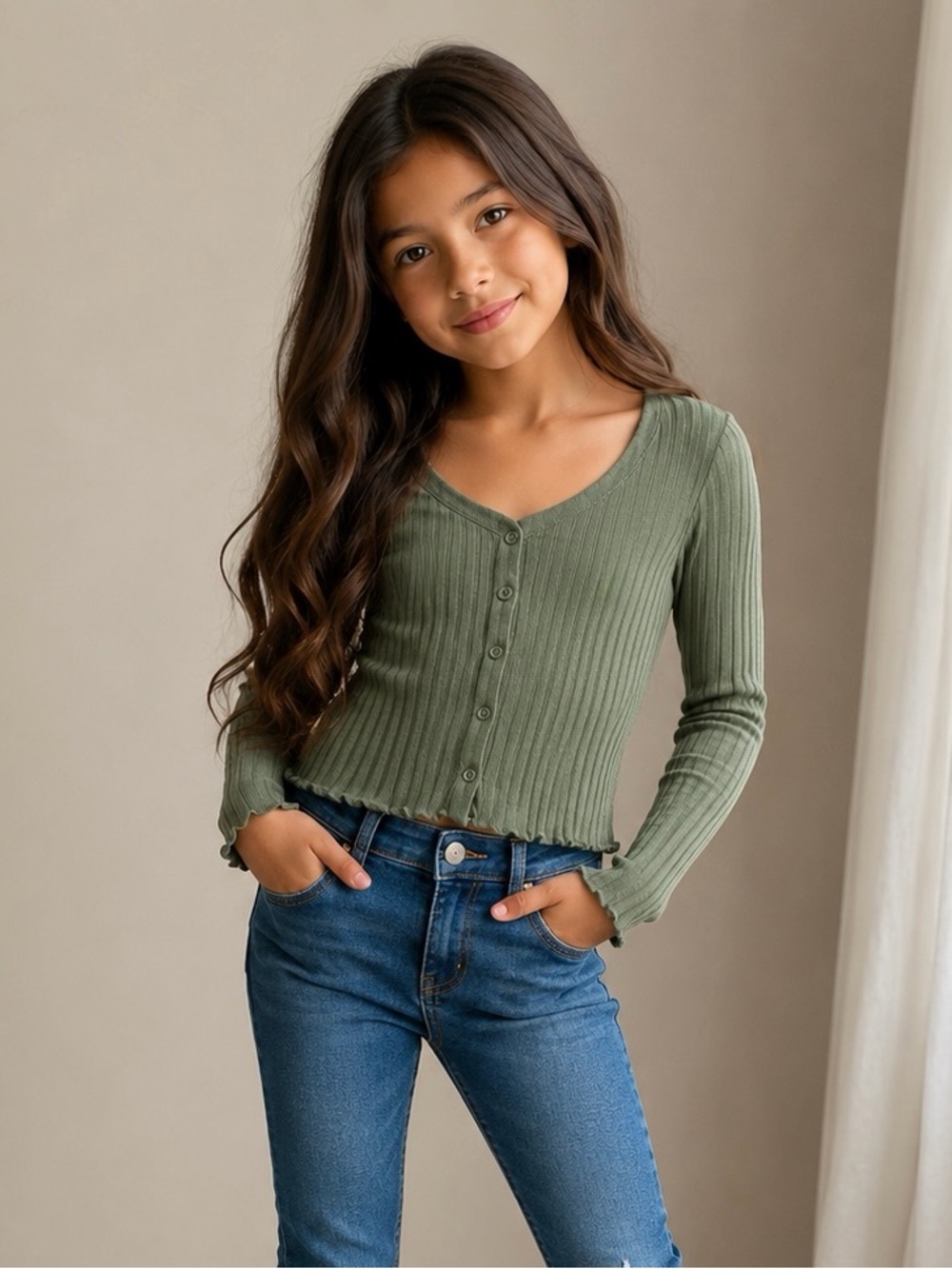 SO Olive Ribbed Button-Front Scoop Neck Long Sleeve Top